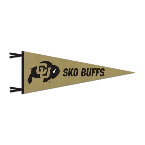 Vegas gold pennant with black CU Buffalo logo and "Sko Buffs" written in black. Black ties on the left side.